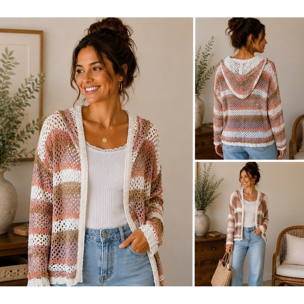 Absolutely Famous Open Knit Hooded Cardigan Boho Beachy Layering XL